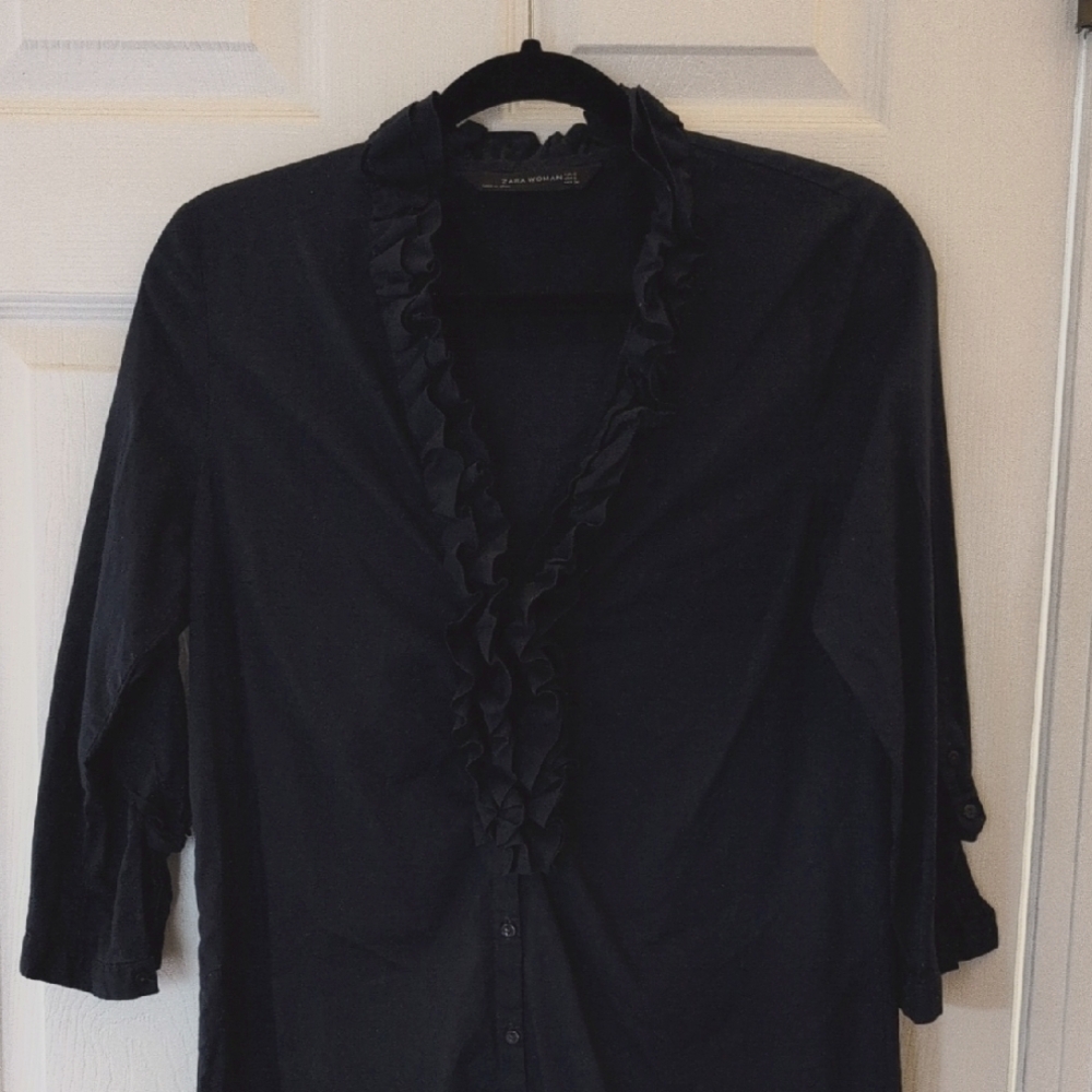 Navy Blue Ruffled Button-Up Blouse